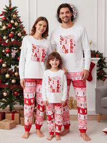 SHEIN Women's Funny Expression & Christmas English Text, Fair Isle Red & Pink Snowflake Christmas Element Pattern White Crew Neck Tight Fit Top And Pants , Cozy Holiday Outfit Fall Winter Clothes - White - View 1