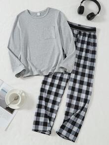 Boys' Floral Grey Patch Pocket Long Sleeve Top Paired With Classic Black & Grey Plaid Pants, Casual Loungewear Set - Multicolor - View 5