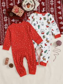 Playful Pals 2pcs/Set Infant Boys' Casual Cute Santa Claus Candy Cane Christmas Tree Gift Bear Print Jumpsuit, Suitable For Christmas, Parties In Autumn/Winter - Multicolor - View 2