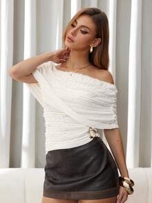 SHEIN Unity Top beige con hombros descubiertos y bordado elástico - Beis - Ver 4