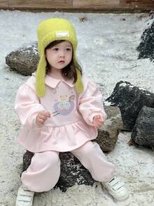 DAZY 2件套女婴休闲可爱印花卫衣和运动裤套装，韩版幼儿女童服装 - 粉色 - 查看 4