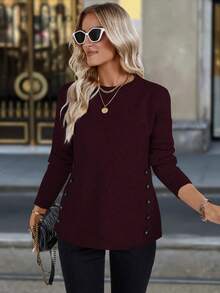 EMERY ROSE Double-Breasted Decor Round Neck Casual Versatile Long Sleeve Sweater - Redwood - View 4