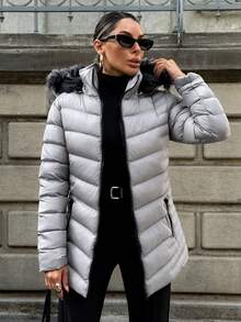 EURMUSE Women Solid Color Zipper Front Pocket Detailed Flurry Hooded Winter Coat - Grey - View 1