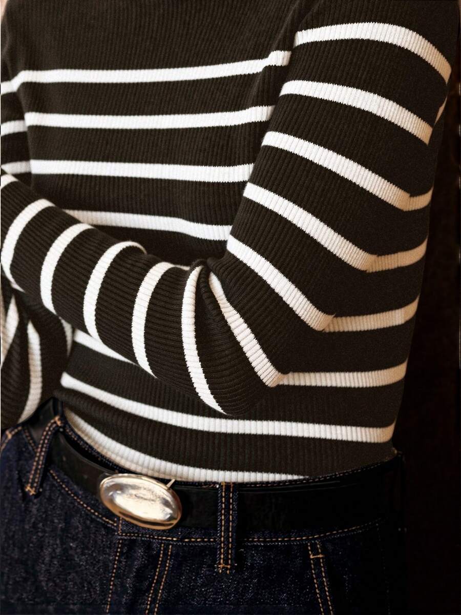 MOTF PREMIUM ELEGANT VERSATILE KNITTED STRIPED SWEATER FOR WOMEN - Coffee Brown - View 2