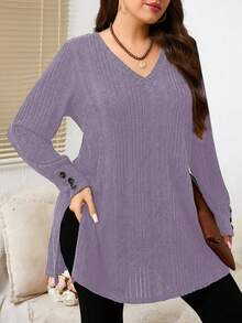 EMERY ROSE Camiseta casual holgada de mujer de talla grande con cuello en V, manga larga y diseño de botones acanalados de unicolor - Morado - Ver 5