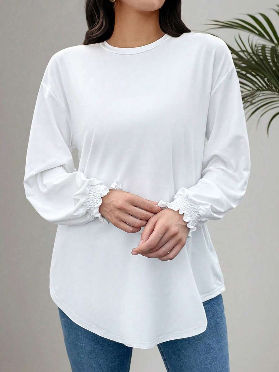 SHEIN PETITE CURVE Plus Size Women's Solid Color Round Neck Drop Shoulder Long Sleeve Casual Loose Blouse - White - View 1