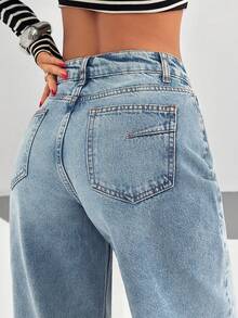 EURMUSE Calça jeans casual com cintura baixa, solta, perna larga e pregas - Lavagem leve - Ver 1