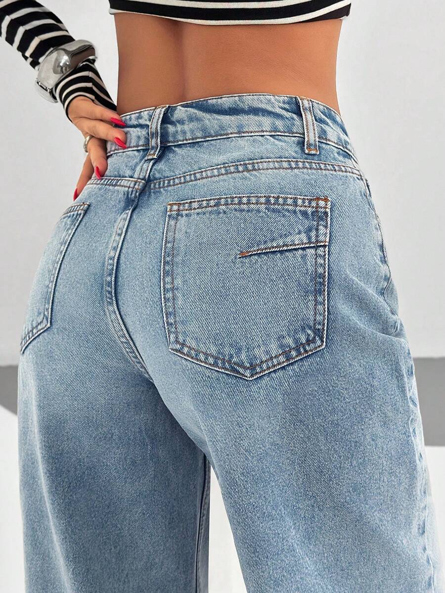EURMUSE Calça jeans casual com cintura baixa, solta, perna larga e pregas - Lavagem leve - Ver 1