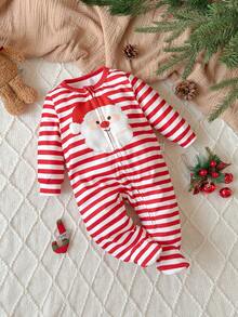 新生女婴可爱休闲针织圣诞条纹卡通图案长袖连体衣 - 紅白色 - 查看 1