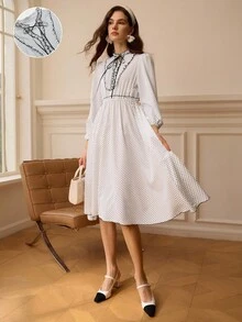 Omancia Vestido elegante de manga comprida com estampa de bolinhas - Branco - Ver 6