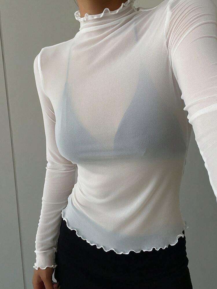 Women's Solid Color Frill Trim Turtleneck Slim Fit T-Shirt, Coffee Brown, All Season