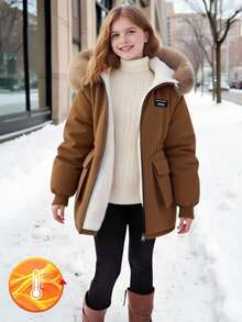 SHEIN Áo khoác Parka cho bé gái, Hàng mới về mùa đông, Cổ lông, Túi lớn, Có mũ trùm đầu, Thắt eo, Thời trang tối giản, Áo khoác cotton dài vừa phải - Màu Khaki - Xem 3