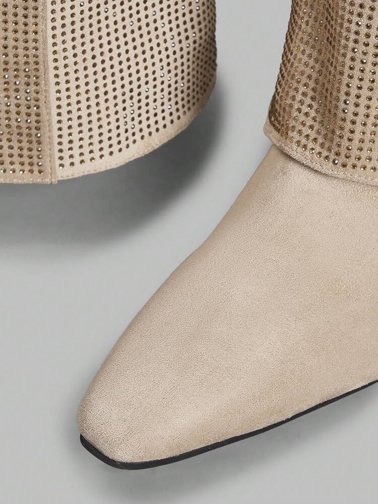 New Square Toe Rhinestone Embellished Casual Wedge Mid-Calf Boots For Women