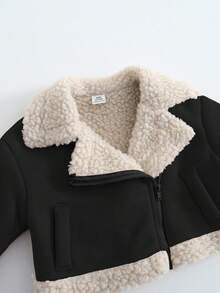 SHEIN 1件女婴亲子黑色保暖拉链翻领外套，适合户外活动、派对、雪地玩耍、秋冬季穿着。 - 彩色 - 查看 3