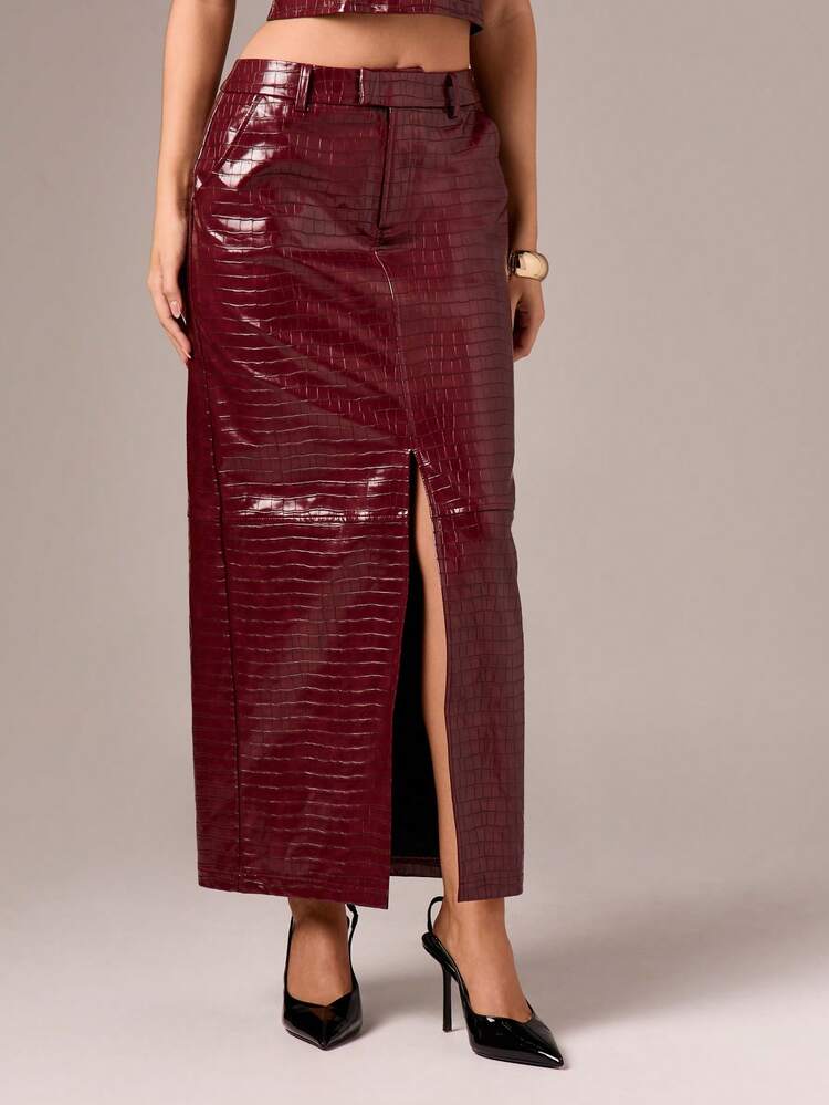 AiiRZ Burgundy Crocodile Embossed Faux Leather Pencil Skirt High Waisted Bodycon Midi Skirt With Front Slit Fall Winter Party Formal Wear