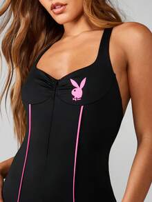 Missguided x Playboy Bộ đồ liền thân dài đến mắt cá chân cổ chữ V ôm sát lưng có logo chú thỏ hồng phong cách thể thao - Nhiều màu - Xem 5