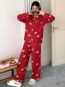 DAZY Cute Cat Print Loose Women Pajama Set, Christmas, Fall & Winter Clothes - Red - View 4
