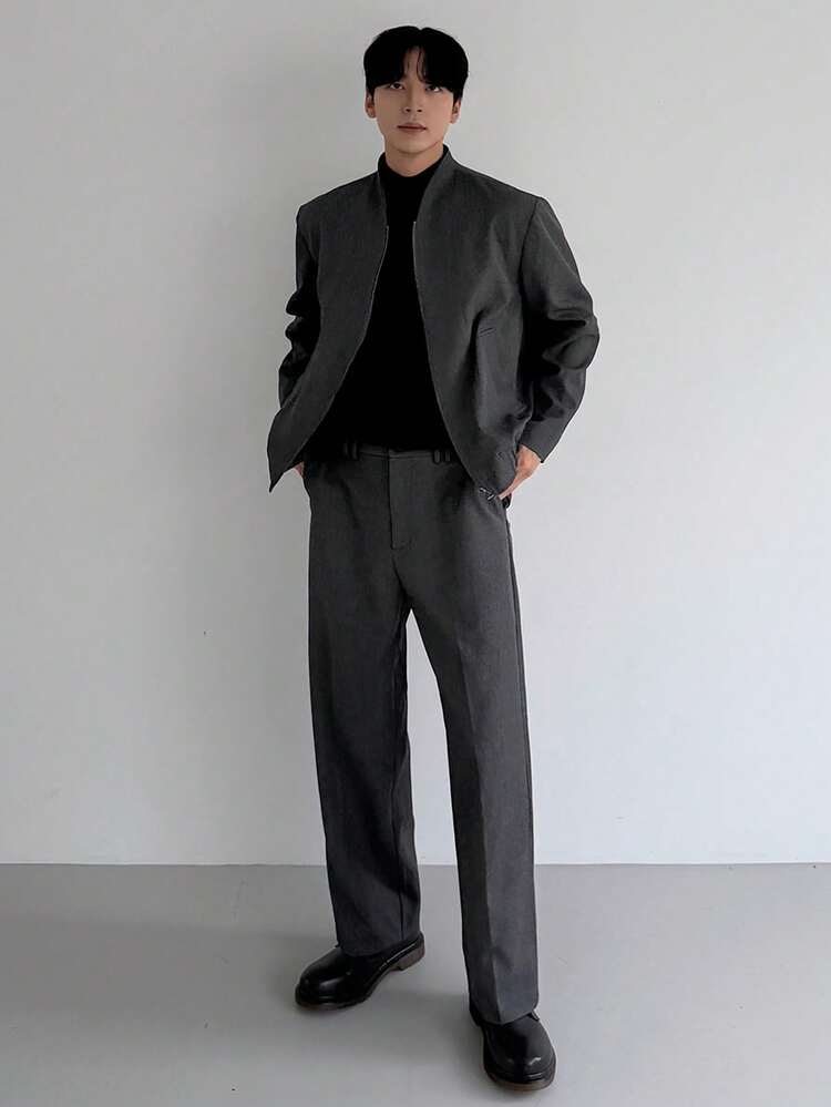 Solid Color Stand Collar Commuter Vintage Style Gray Textured Fabric Men's Jacket Set, Autumn