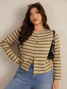 Elaquor Plus Size Women Striped Long Sleeve Single-Breasted Casual Cropped T-Shirt/Fall/Winter