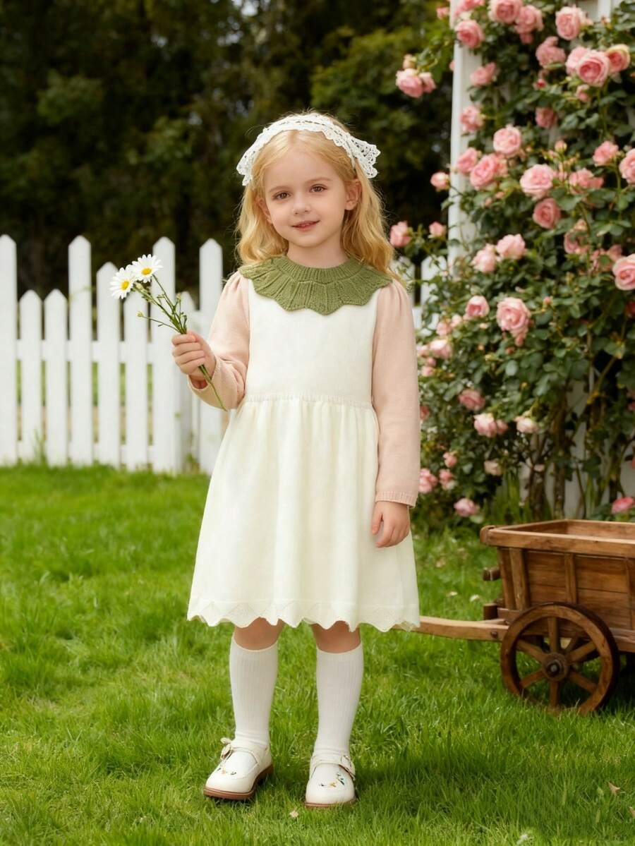 Souflis Souflis Young Girls' Basic Crew Neck Contrast Color Ruffle Trim Knit Sweater Dress, Suitable For Outings, Gatherings, And Comfortable Home Wear