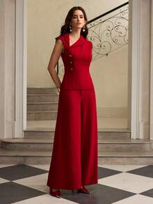 ZEYLAH 1 Bộ áo crop top cổ xéo kim loại + quần ống rộng - Đỏ - Xem 5