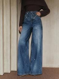 Anewsta Blue Flare Leg Pants, Suitable For Fall/Winter, Christmas, New Year, Elegant, Luxury, Chic, Casual