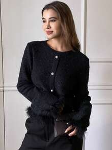 DAZY Áo len cardigan dáng rộng, trang trí chắp vá, mềm mại, thanh lịch dành cho nữ, thích hợp mặc đi làm, mùa thu/đông - màu đen - Xem 6