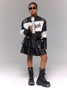 Tween Girls Casual Autumn/Winter Cute Bowknot Double Layer Cake Skirt - Black - View 5