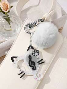 ROMWE Anime 1 件简约可爱休闲时尚精致百搭学院风白色仿皮毛绒球，银链空心心星亚克力波尔卡圆点猫爪猫吉他音符 DIY 星形钥匙扣包饰，适合女性、女孩、姐妹、挚友、情侣、日常穿着、节日礼物 - 彩色 - 查看 5