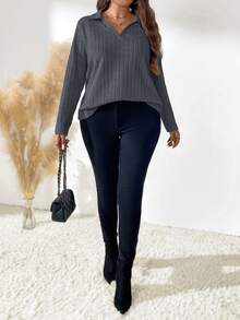 EMERY ROSE Plus Size Solid Color Casual Long Sleeve T-Shirt, Suitable For Spring And Autumn Fall Cloth For Women - Dark Grey - View 3