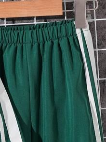 SHEIN 2 件套年轻男童休闲插肩袖立领装饰丝带立领半开襟夹克和松紧腰裤套装，羊毛，加厚 - 綠色 - 查看 5