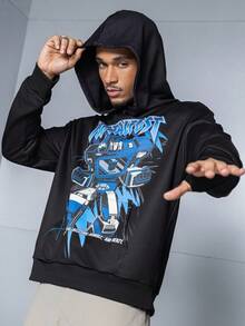 Transformers X SHEIN Sweatshirt Hoodie Kasual Pria dengan Motif Robot dan Bahu Longgar, Musim Gugur - Hitam - View 3