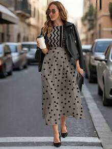 SHEIN Clasi Geometric Patchwork Polka Dot Print Sleeveless Round Neck Dress For Women, Suitable For All Seasons - Multicolor - View 7