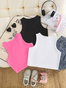 Sparklyn Set de 3 piezas con parte superior de tirantes con estampado de moño, estilo casual y elegante con estampado de leopardo y moño para niñas - Blanco - Ver 2