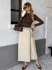 SHEIN Frenchy Nuova gonna casual lunga con fiocco laterale e profili a contrasto, adatta per l'autunno e l'inverno, per donne eleganti. Ideale per il ritorno a scuola, concerti country, casual business, insegnanti, appuntamenti, compleanni, brunch, stile western, casual business in inverno, vacanze, Capodanno - Albicocca - Visualizzare 7