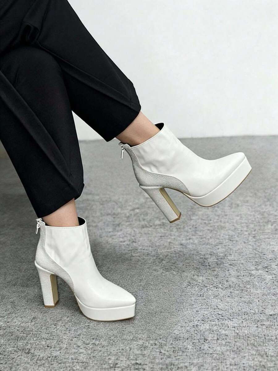 Botines para Mujer de Moda Texturizada con Tacón Alto Cuadrado y Cremallera Estilo Urbano para Fiesta – Otoño/Invierno - Blanco - Ver 1