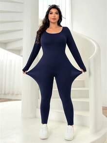 Solflare Plus Size Thermal Insulated Jumpsuit, Knitted For Autumn/Winter - Navy Blue - View 6