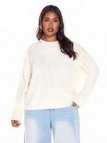 Solavibe Damski sweter w jednolitym kolorze, plus size, z obniżonymi ramionami, długim rękawem, luźny, swobodny, jesienno-zimowy, na wakacje, wakacje, letni, plażowy, szkolny, bardzo prosty, rustykalny, do biura, na stare pieniądze, dla nauczycieli, na randkę, na ukończenie szkoły - Beżowy - Zobacz 1