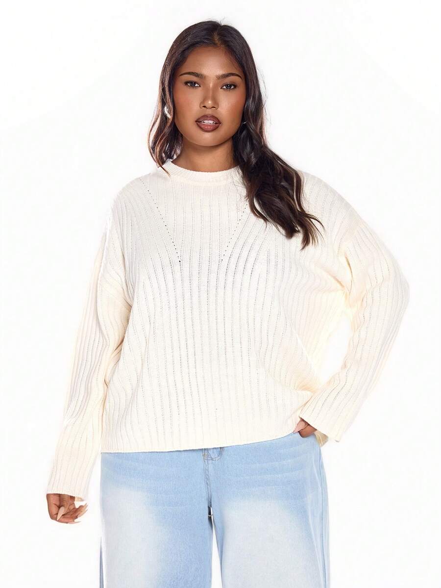Solavibe Damski sweter w jednolitym kolorze, plus size, z obniżonymi ramionami, długim rękawem, luźny, swobodny, jesienno-zimowy, na wakacje, wakacje, letni, plażowy, szkolny, bardzo prosty, rustykalny, do biura, na stare pieniądze, dla nauczycieli, na randkę, na ukończenie szkoły - Beżowy - Zobacz 1