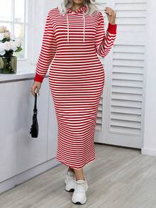 Elenzga Vestido de sudadera casual con capucha con cordón y manga larga a rayas para mujer de talla grande - Rojo - Ver 3