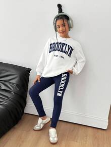 Bộ 2 áo nỉ cổ tròn in chữ cho bé gái tuổi teen + quần legging dệt kim, thời trang thường ngày đa năng - Màu xanh hải quân - Xem 6