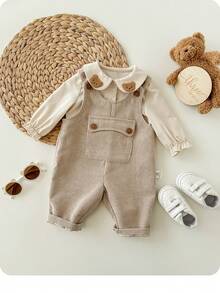 新生女婴可爱百搭卡通图案长袖连体衣和裤子套装