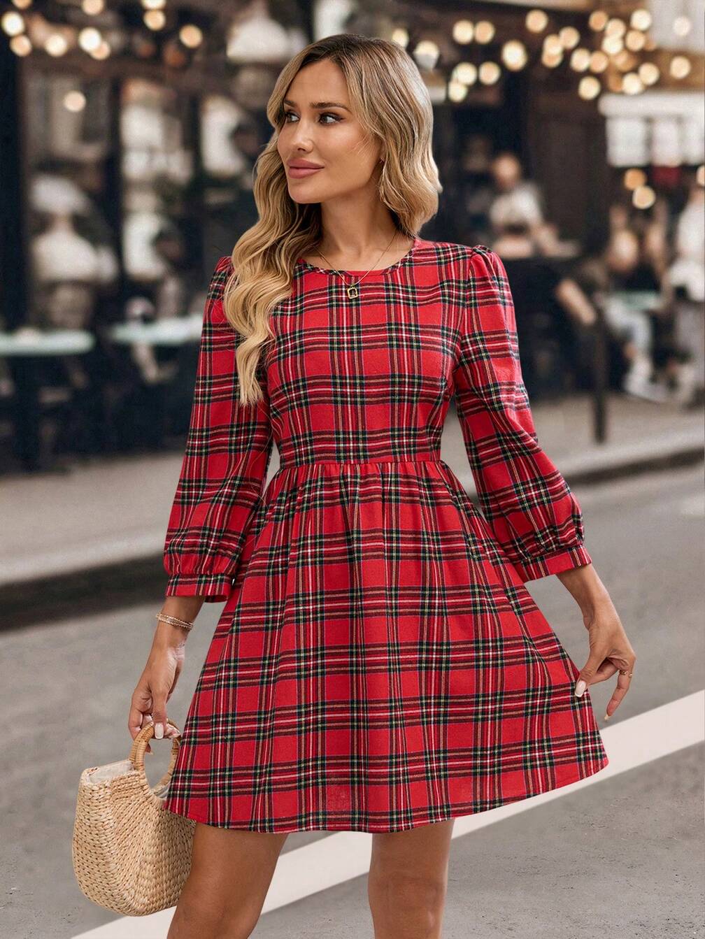Women's Christmas Red And White Plaid Lantern Sleeve Mini Dress,Elegant Retro Vintage 70s Autumn Winter One-Piece For Party,Date,New Year Christmas｜Emery Rose