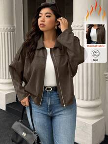 Calvaya 秋季大码女式纯色长袖拉链休闲夹克 - 咖啡棕 - 查看 1