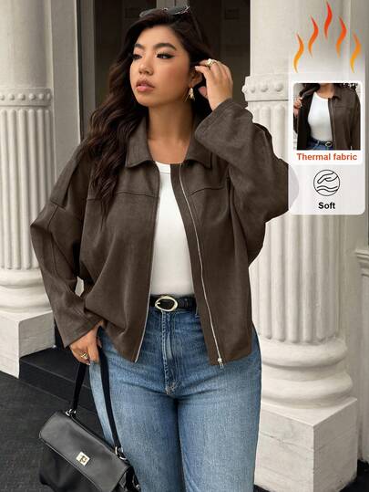 Calvaya Plusstorlek Dam Enfärgad Långärmad Zip-Up Casual Jacka, Höst