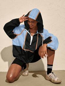 VARSIVA Áo khoác ngoài trời có mũ trùm đầu, dây rút màu tương phản, khóa kéo phía trước, thường ngày cho nữ - Nhiều màu - Xem 5