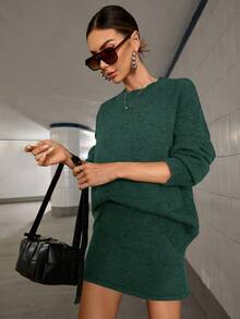 Aveloria Modichic 2 Women's Sets: Loose Casual Knit Sweater And Low-Rise Skirt, Comfortable Stylish Autumn-Winter Oversized Sweater Set - Dark Green - View 3