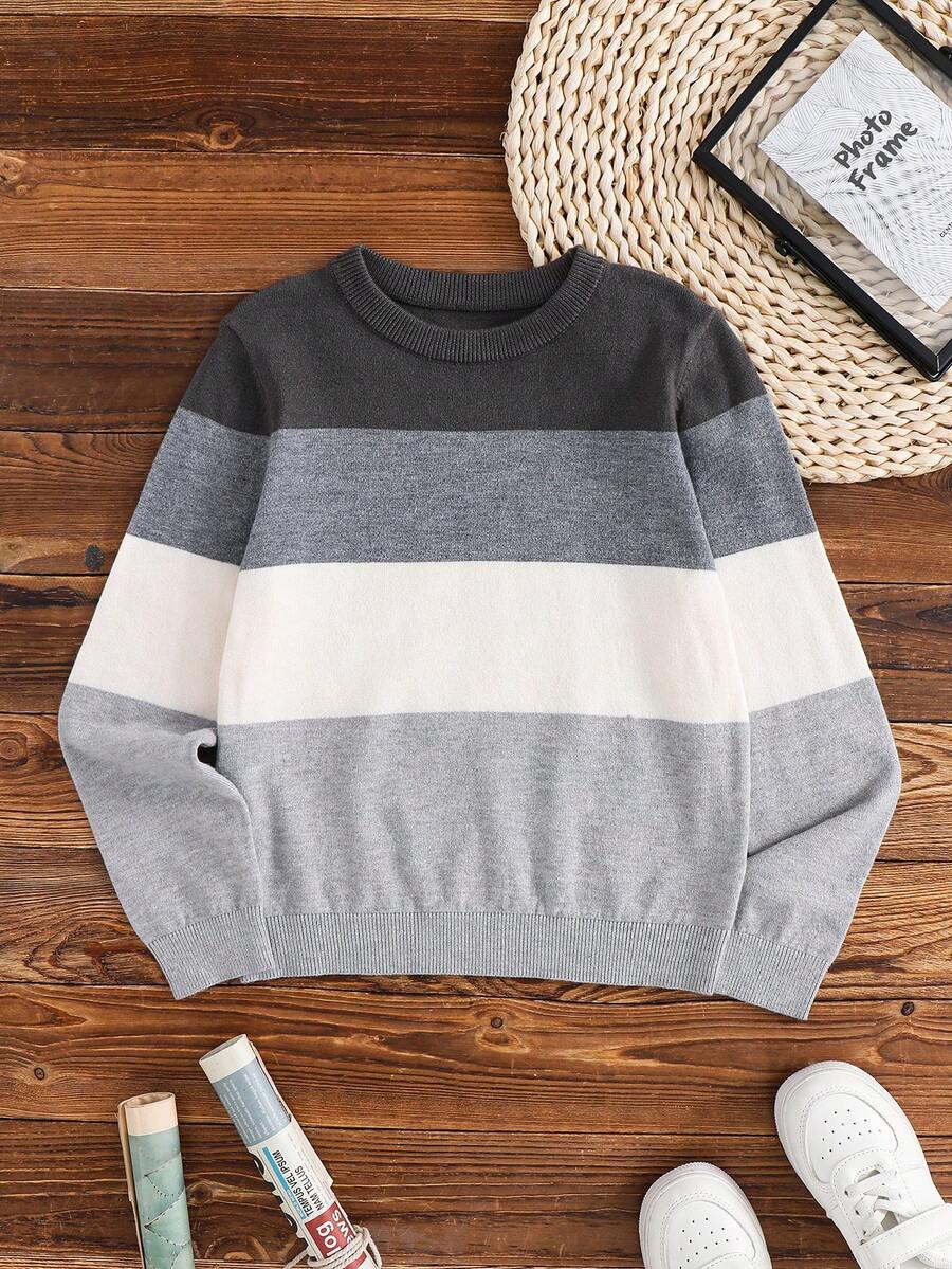 SHEIN Sweater Kasual Lengan Panjang Bergaris Ukuran Besar untuk Anak Laki-laki, Pakaian Musim Gugur dan Musim Dingin untuk Anak Perempuan - Grey - View 1