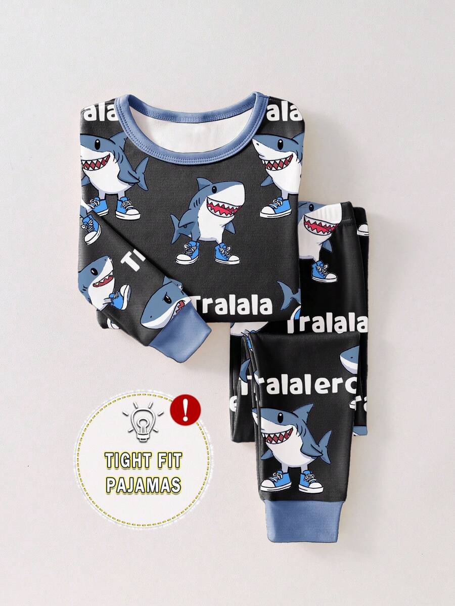 1set Young Boys Tight Fit Pajamas, Tralalero Tralala Fashionable Cute Cartoon Sneaker & Blue Shark All-Over Print, Elastic Fabric Crew Neck Long Sleeve Top And Pants, Spring/Autumn Sharks Pajamas Kids Toddler Boy Pj Sets Boys Pajama Set Teens 5y Boys Pj Sets Boys Pajamas Snug Fit Tight Fit Pajamas - Black - View 1