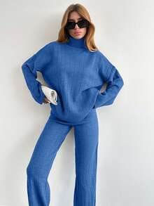 EURMUSE Solid Color Long-Sleeved Sweater And Knitted Trousers Two Pieces Set,Petite,Winter Clothes - Royal Blue - View 6